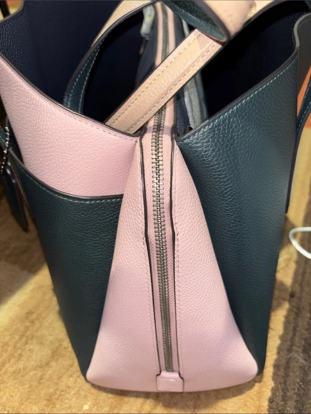 Coach Pink, Dark Green and Nude Leather Turnlock Tote